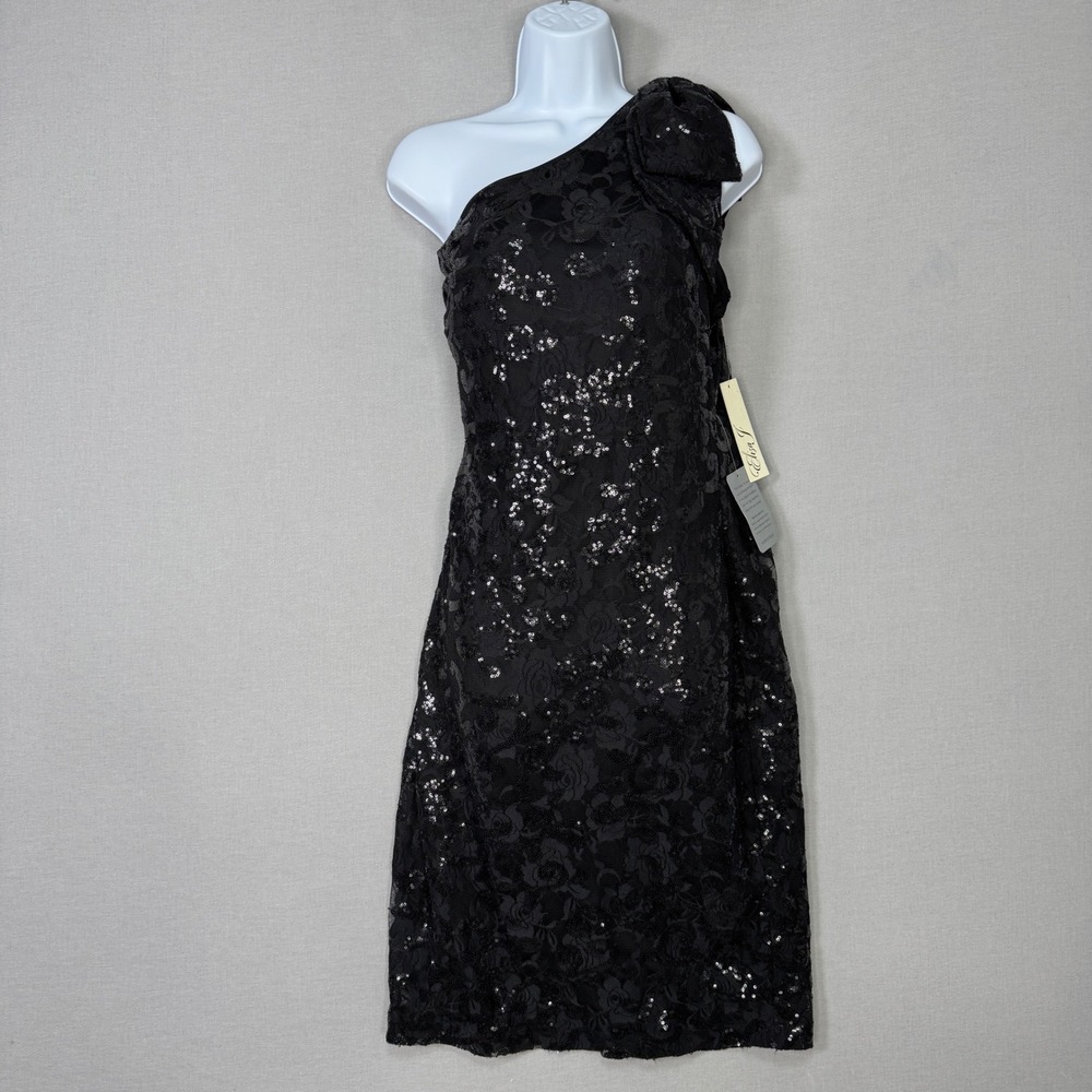 Eliza J One Shoulder Sequin Cocktail Dress Womens 14 Black Floral Lace Evening